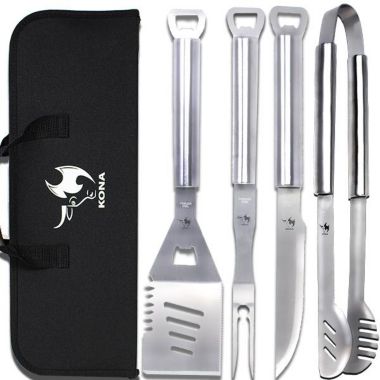Kona Grill Tools Set - Stainless-Steel Spatula, Tongs, Fork, Knife, Openers & Case. View a larger version of this product image.