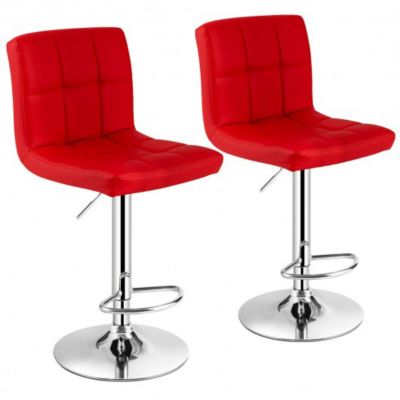 Costway Set of 2 Square Swivel Adjustable PU Leather Bar Stools with Back and Footrest-Red