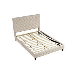 Best Master Furniture  Ashley Tufted Velvet Fabric Cali King Platform Bed in Beige