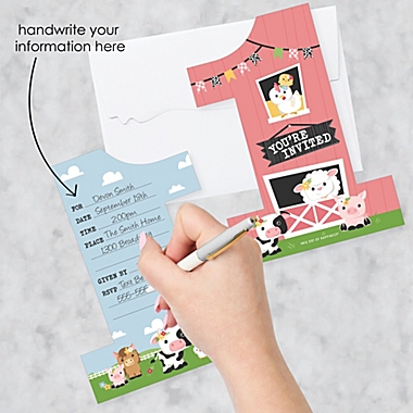 Set of 12 Barnyard First Birthday Party Invitation Cards with Envelopes Shaped Fill-in Invitations 1st Birthday Farm Animals 