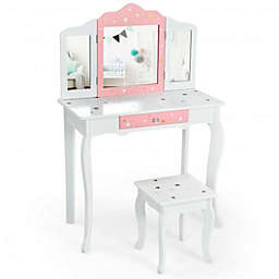 Costway Kids Vanity Princess Makeup Dressing Table Chair Set with Tri-folding Mirror-White