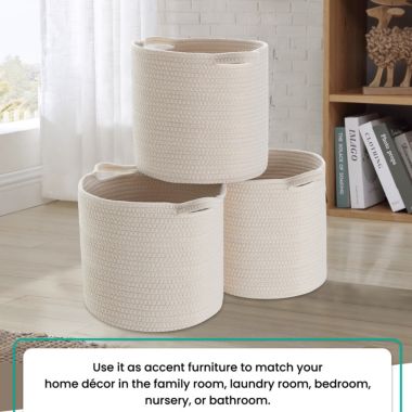 Ornavo Home 3 Pack Woven Cotton Rope Shelf Storage Basket with Handles. View a larger version of this product image.