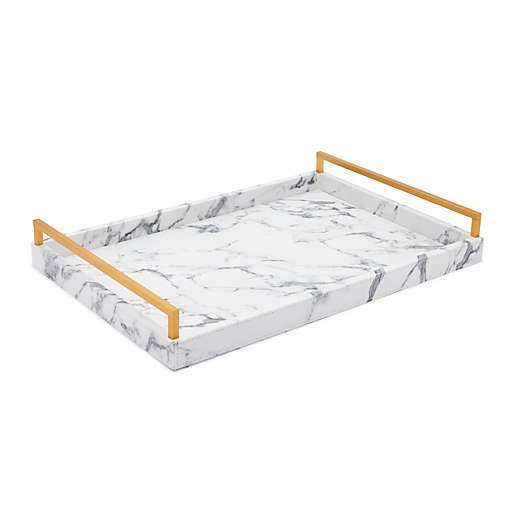 Juvale Faux Leather Serving Tray with Handles for Coffee Table, White Marble Design (17 x 12 x 2.5 In)