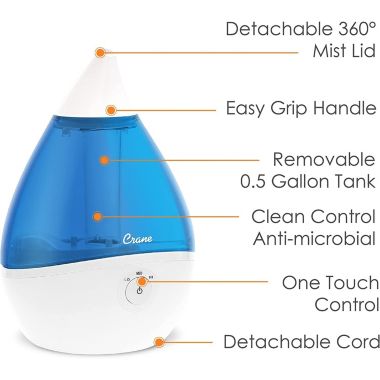 Crane - Ultrasonic Cool Mist Air Humidifier, 360 Degree Rotating Nozzle, Blue. View a larger version of this product image.