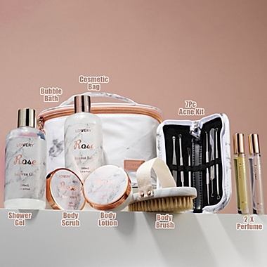 Luxe 16pc Bath and Body Set With Cosmetic Bag, Perfumes and More, Rose Spa Kit. View a larger version of this product image.
