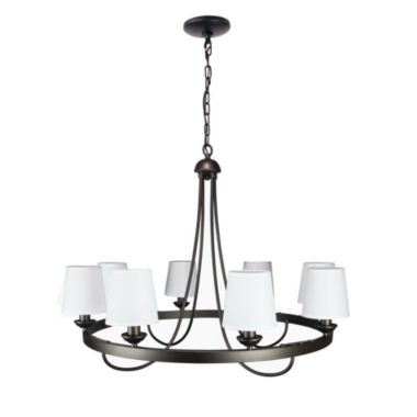 Canyon Home Baden Rustic Wagon Wheel Light Fixture with 8 Bulb and White Fabric Shades, Overhead Lighting with Vintage Black Frame for Foyer, Home, Living or Dining Room. View a larger version of this product image.