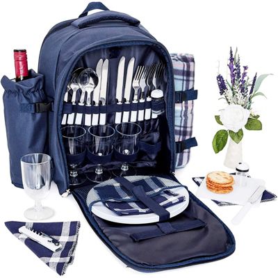 Juvale Picnic Backpack for 4 Person - Waterproof Picnic Basket Bag with Cooler Compartment, Cutlery Set, Detachable Wine Bottle Holder and Blanket for Outdoor Camping - Blue