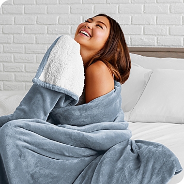 Bare Home Sherpa Fleece Blanket - Fluffy & Soft Plush Bed Blanket - Hypoallergenic - Reversible - Lightweight (Dusty Blue, Twin/Twin XL). View a larger version of this product image.