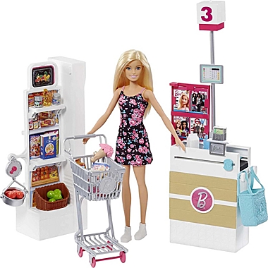 Barbie Supermarket Playset, Blonde Hair, with 25-Grocery Themed Pieces. View a larger version of this product image.