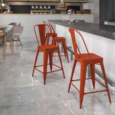 Flash Furniture Carly Commercial Grade 24" High Distressed Kelly Red Metal Indoor-Outdoor Counter Height Stool with Back. View a larger version of this product image.