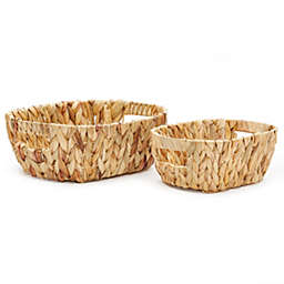Americanflat Water Hyacinth Storage Baskets with Handle - Set of 2 - Handwoven and Decorative for Organizing at Home - 1 Large and 1 Small Oval Wicker Basket (Natural Color)