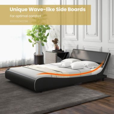 Slickblue Upholstered Platform Bed Frame Low Profile Faux Leather with Curved Headboard-Full Size. View a larger version of this product image.