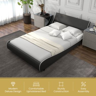 Slickblue Upholstered Platform Bed Frame Low Profile Faux Leather with Curved Headboard-Full Size. View a larger version of this product image.