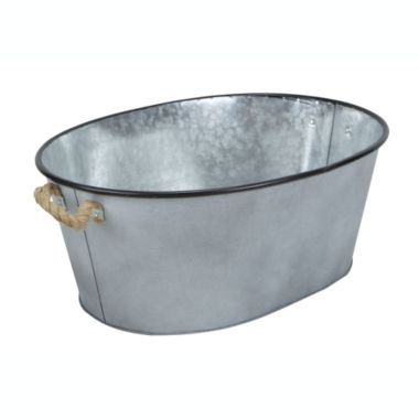 Cheungs Home Decorative Large Oval Galvanized Metal Bucket with Rope Handle and Black Rim. View a larger version of this product image.