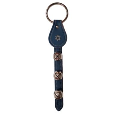 Star of David Charm Blue Leather Strap Sleigh Bell Door Hanger 12 In Made in USA. View a larger version of this product image.