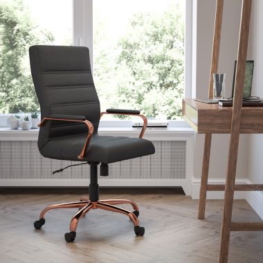 Flash Furniture Whitney High Back Black LeatherSoft Executive Swivel Office Chair with Rose Gold Frame and Arms. View a larger version of this product image.