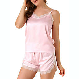 Allegra K Women's Satin Camisole Lightweight Lace Cami Shorts Pajamas Set M Pink