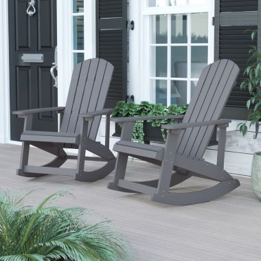 Flash Furniture Savannah Commercial Grade All-Weather Poly Resin Wood Adirondack Rocking Chair with Rust Resistant Stainless Steel Hardware in Gray - Set of 2. View a larger version of this product image.
