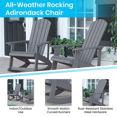 Flash Furniture Savannah Commercial Grade All-Weather Poly Resin Wood Adirondack Rocking Chair with Rust Resistant Stainless Steel Hardware in Gray - Set of 2. View a larger version of this product image.