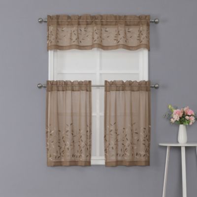 Kate Aurora Shabby Sheer Embroidered Complete 3 Piece Floral Rod Pocket Cafe Kitchen Curtain Tier & Valance Set - Taupe/Linen
