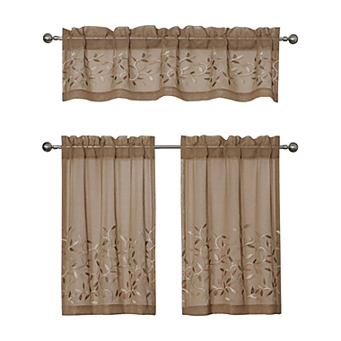 Kate Aurora Shabby Sheer Embroidered Complete 3 Piece Floral Rod Pocket Cafe Kitchen Curtain Tier & Valance Set - Taupe/Linen. View a larger version of this product image.