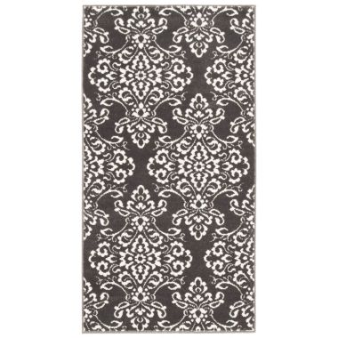 Chaudhary Living 2.5' x 5' Gray and White Damask Rectangular Area Throw Rug. View a larger version of this product image.