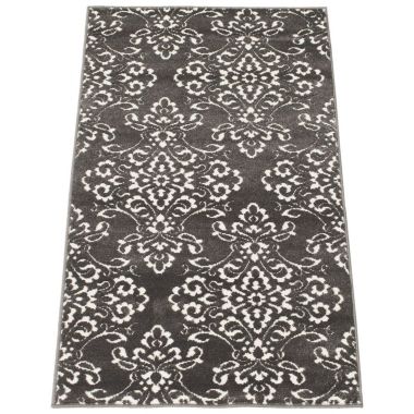 Chaudhary Living 2.5' x 5' Gray and White Damask Rectangular Area Throw Rug. View a larger version of this product image.