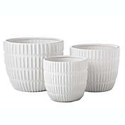 Urban Trends Collection Ceramic Round Pot with Embossed Vertical Broken Line Pattern Design Body and Tapered Bottom Set of Three Matte Finish White