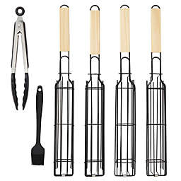 Okuna Outpost 4 Non-Stick Kabob Grilling Baskets with Wooden Handles, Oil Brush, and Tongs (6 Piece Set)