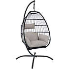 Alternate image 0 for Sunnydaze Outdoor Resin Wicker Patio Oliver Lounge Hanging Basket Egg Chair Swing with Cushions, Headrest, and Steel Stand Set - Gray - 3pc