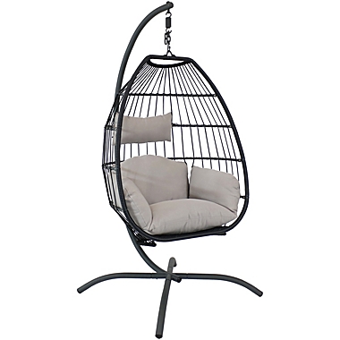 Sunnydaze Outdoor Resin Wicker Patio Oliver Lounge Hanging Basket Egg Chair Swing with Cushions, Headrest, and Steel Stand Set - Gray - 3pc. View a larger version of this product image.