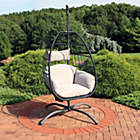 Alternate image 1 for Sunnydaze Outdoor Resin Wicker Patio Oliver Lounge Hanging Basket Egg Chair Swing with Cushions, Headrest, and Steel Stand Set - Gray - 3pc