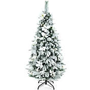 Costway Pre-lit Snow Flocked Christmas Tree with Berries and Poinsettia Flowers-5&#39;