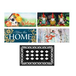 Evergreen Indoor Outdoor Doormat Bundle Set of 5 - Frame and 4 Welcome Seasonal Inserts Garden Gnomes Birdhouse Snowman Bless this Home