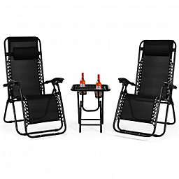 Costway 3 Pieces Folding Portable Zero Gravity Reclining Lounge Chairs Table Set-Black