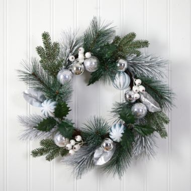 Nearly Natural Pinecones and Berries with Silver Ornaments Artificial Christmas Wreath, 24-Inch, Unlit. View a larger version of this product image.