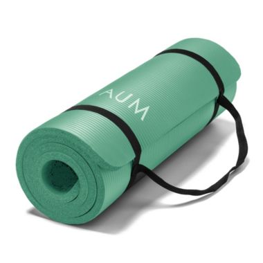 AUM Extra Thick 1/2" Exercise Yoga Mat w/Carry Strap - Non-slip, Moisture-Resistant Foam Cushion for Pilates - Support for Stretching & Physical Therapy - 72" x 24" x 1/2" (Aquamarine). View a larger version of this product image.