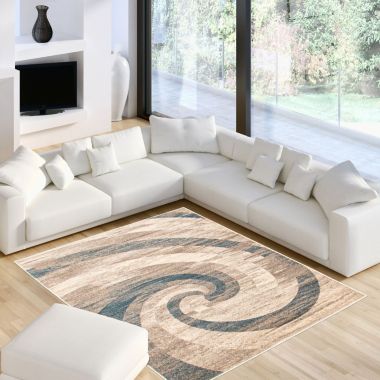 Chaudhary Living 7.75' x 10' Off White and Blue Distressed Abstract Rectangular Area Throw Rug. View a larger version of this product image.