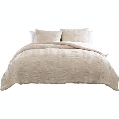 The Nesting Company Elm Collection 3 Piece Stripe Seersucker Bedding Comforter Set with 2 Pillow Shams Luxuriously Soft Lightweight and Comfortable Microfiber Machine Washable - Queen - Taupe. View a larger version of this product image.