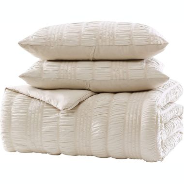 The Nesting Company Elm Collection 3 Piece Stripe Seersucker Bedding Comforter Set with 2 Pillow Shams Luxuriously Soft Lightweight and Comfortable Microfiber Machine Washable - Queen - Taupe. View a larger version of this product image.