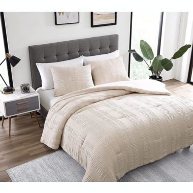 The Nesting Company Elm Collection 3 Piece Stripe Seersucker Bedding Comforter Set with 2 Pillow Shams Luxuriously Soft Lightweight and Comfortable Microfiber Machine Washable - Queen - Taupe. View a larger version of this product image.