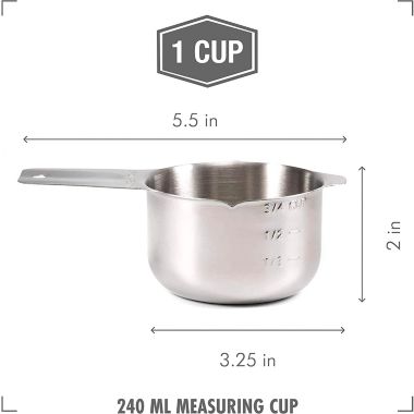 2lbDepot 1 Cup Measuring Cup Stainless Steel Metal, Accurate, Engraved Markings US & Metric (240 ml), Wet Liquids & Dry Food Ingredients for Kitchen Baking & Cooking, One Single Cup. View a larger version of this product image.