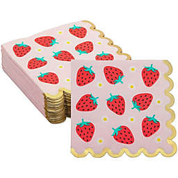 Sparkle and Bash Strawberry Scalloped Paper Party Napkins with Gold Foil (5 Inches, 50 Pack)