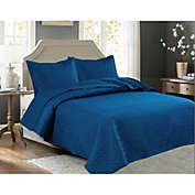 Legacy Decor 3 PCS Squared Stitched Pinsonic Reversible Lightweight All Season Bedspread Quilt Coverlet Oversized, King Size, Navy Color