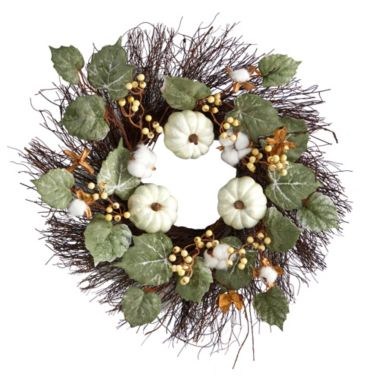 Nearly Natural 22"D Home Party Decorative Autumn Green Pumpkin, Cotton and Berries Artificial Fall Wreath. View a larger version of this product image.