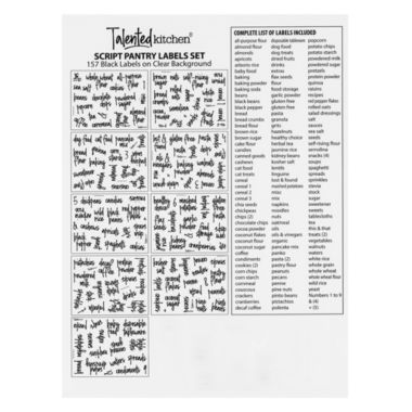 Talented Kitchen 157 Kitchen Pantry Labels for Food Storage Containers, Preprinted Black Script on Clear Stickers + Numbers for Organization Canisters and Jars (Water Resistant). View a larger version of this product image.
