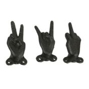 Zeckos Set of 3 Cast Iron Hand Gesture Decorative Wall Hooks