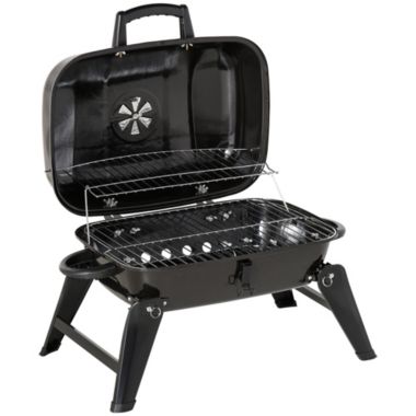 Outsunny 14'' Iron Tabletop Charcoal Grill with Portable Anti-Scalding Handle Design, Folding Legs for Outdoor BBQ for Poolside, Backyard, Garden. View a larger version of this product image.