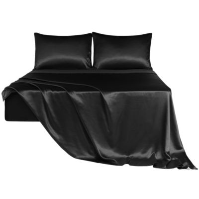 PiccoCasa Satin Sheet Set 4-Pieces Soft Luxury Silky Bedding Set Polyester with 2 Envelope Pillowcases, Elastic Deep Pocket Fitted Sheet, Black Queen