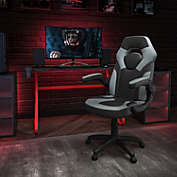 Emma + Oliver Gaming Bundle-Red Desk, Cup Holder, Headphone Hook and Gray Chair